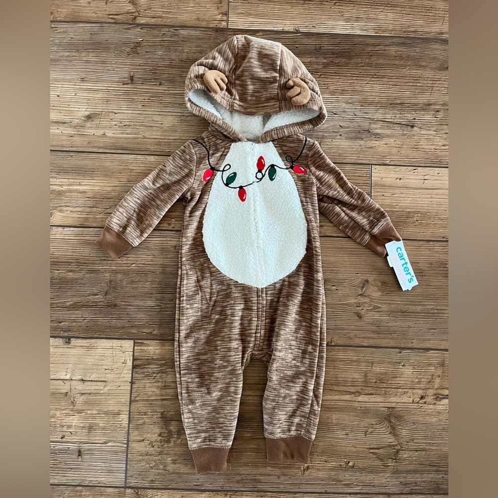 Carter's Brown Reindeer Plush Hooded One-Piece with Holiday Lights